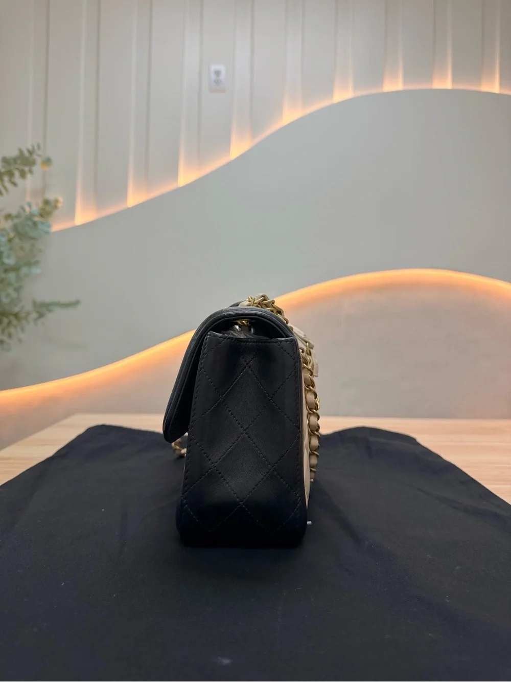 CHANEL Beige and Black Quilted Shoulder Bag with Gold Hardware